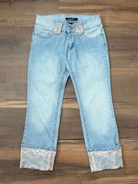 Vintage Y2K Clash Jeans Low Rise Juniors Light Wash Pink Lace Cuffed Capris Sz 1